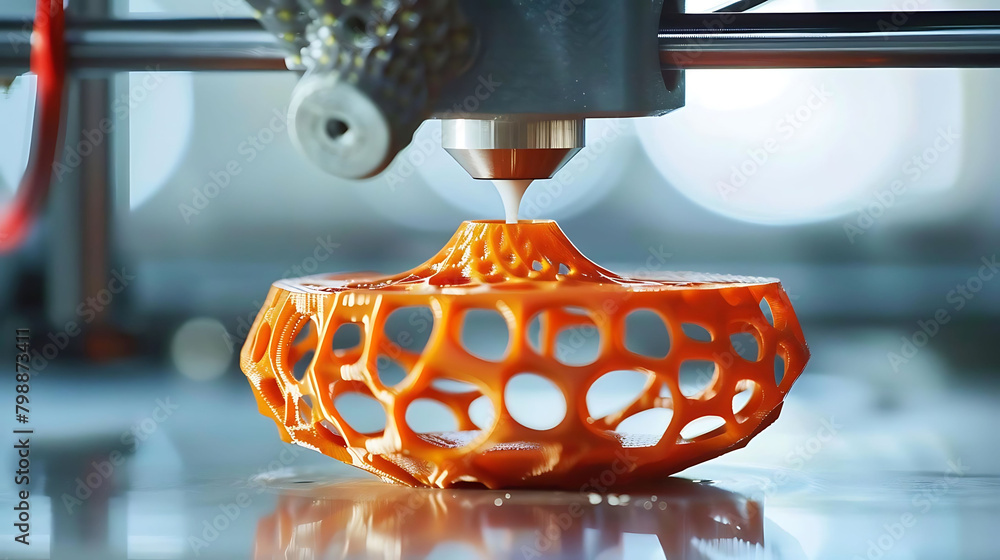 Poster 3d printing innovation a shiny table with an orange vase on it, reflected in the shiny surface