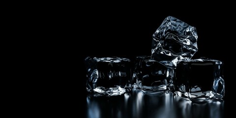 Stacked ice cubes on black background with reflection and copy space