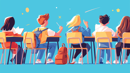 Group of pupils sitting at desks in classroom demon - obrazy, fototapety, plakaty