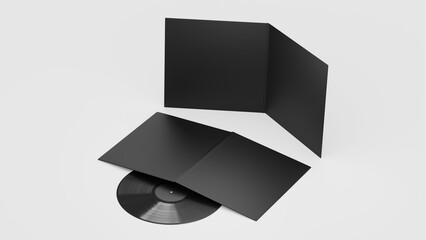 Black Vinyl Record Mockup, Dark Blank record album with CD/DVD/Bluray Disk 3d rendering isolated on light background	