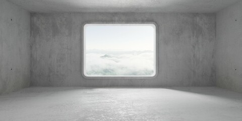 Abstract empty, modern concrete room with rounded square rectangle window opening in the back wall and cloudy mountain view - industrial interior background template