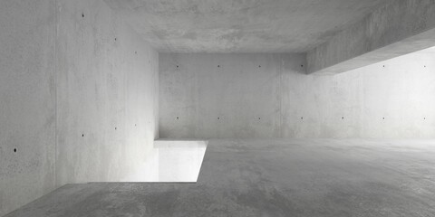 Abstract empty, modern concrete room with downward stairs and beam and rough floor - industrial interior background template