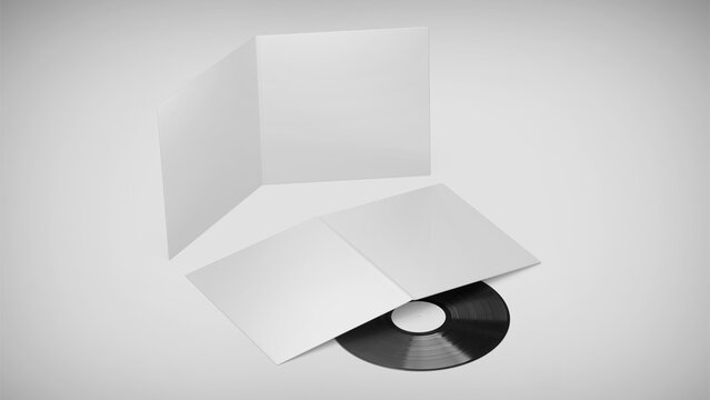 White Vinyl Record Mockup, Blank record album with CD/DVD/Bluray Disk 3d rendering isolated on light background	