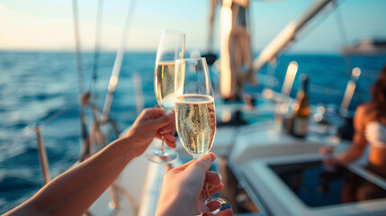 A group of diverse friends drink champagne while having a party on a yacht. 