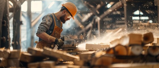  a carpenter working with sawing machine, cutting wood piles, wooden works, carpentry