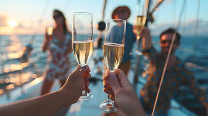 A group of diverse friends drink champagne while having a party on a yacht. 