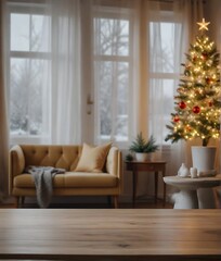 Living room with Christmas tree and gifts, traditional decorations, fireplace and furniture.