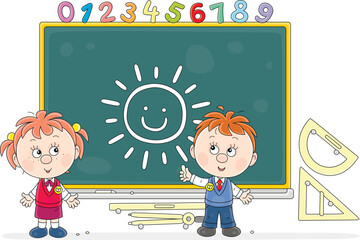 Funny little schoolboy and schoolgirl drawing a cute sun with a chalk on a class blackboard at recess in a primary school, vector cartoon illustration on a white background