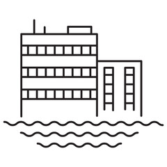 Outline vector illustration.Isolated on white background.Flood buildings icon.Flooding rising levels.Flood icon.