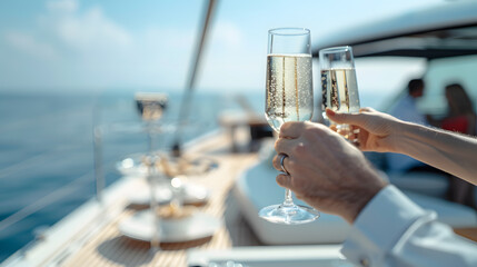 A group of diverse friends drink champagne while having a party on a yacht. 