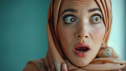 Close-up photo of the shocked expression of a Muslim woman wearing a hijab.
