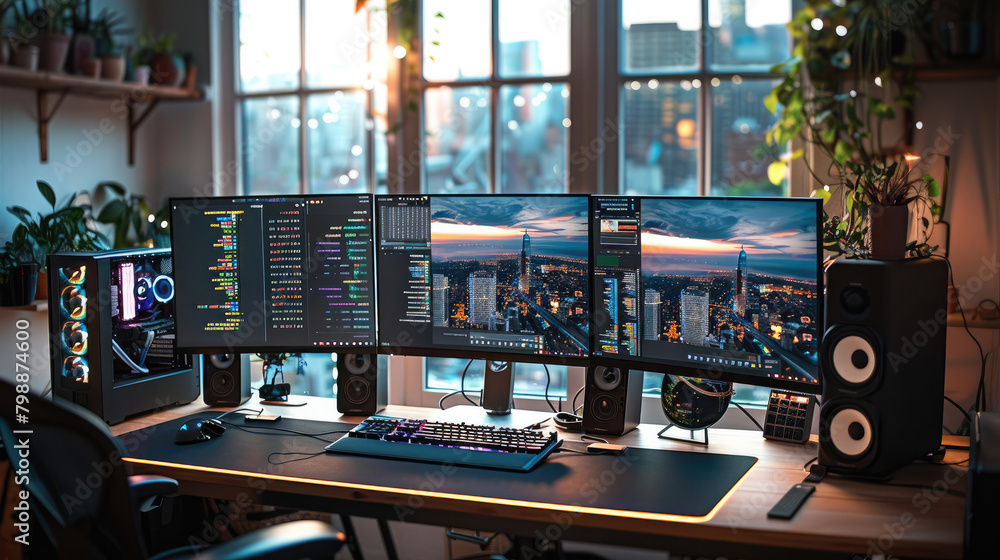 Poster Enter the realm of digital productivity with a powerful desktop computer boasting multiple monitors, providing the perfect canvas for a dynamic and efficient digital. Generative AI.