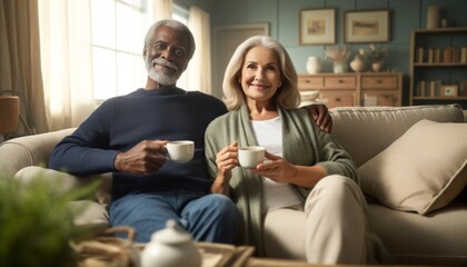 ソファに座ってティータイムを楽しむシニア夫婦