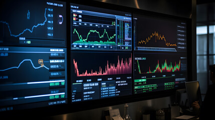 Fototapeta premium A man in a suit with his back turned in front of a large screen displaying stock market data 