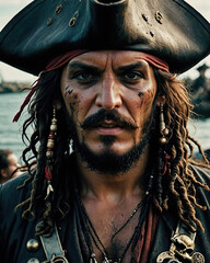 Retrato de cerca de un pirata con gesto serio junto al mar