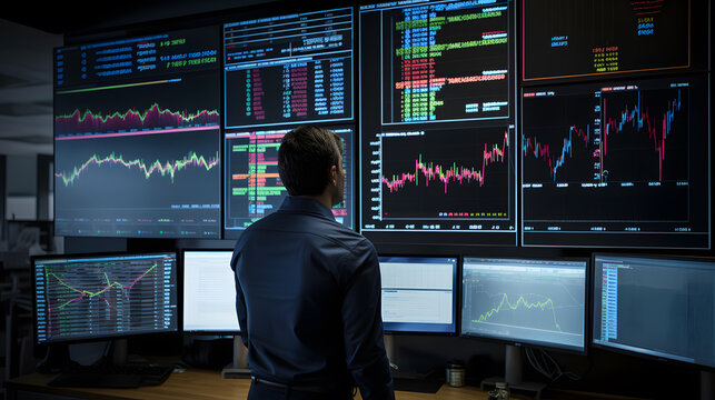 A man in a suit with his back turned in front of a large screen displaying stock market data 