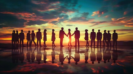 A group of  silhouettes people standing in a beach with the sun in the background. The silhouettes of the people are reflected in the water, concept of unity and togetherness generate ai illustration