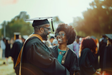 Happy african student on university graduation ceremony celebrating with his mother. Mother proud of her grown adult son congrats him