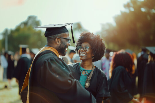 Happy african student on university graduation ceremony celebrating with his mother. Mother proud of her grown adult son congrats him