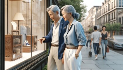 Fototapeta premium シニア夫婦がウインドーショッピングを楽しんでいる。