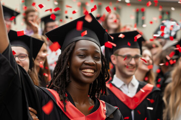 Happy pretty african student girl celebrates university graduation surrounded by confetti ceremony