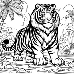 Black and white coloring book page, Tiger