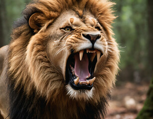 The roaring lion in the forest looks majestic.