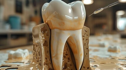 A realistic tooth sitting on gums getting a cavity painted over. Generative AI.