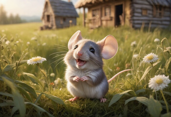 Little mouse is happy in the farm