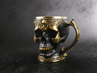 Skull drinking glass decorated in gold on a black background.