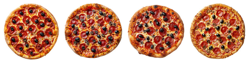 Pepperoni pizza with salami and olives, PNG set