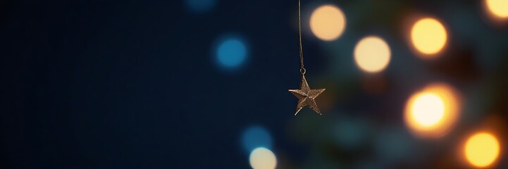 beautiful image of a string of gold stars hanging in front of a blue background with blurred lights - Powered by Adobe
