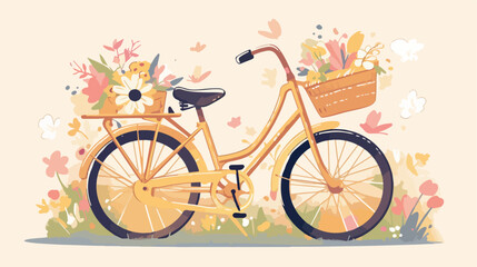 Hand drawn tandem city bicycle with basket of flowe