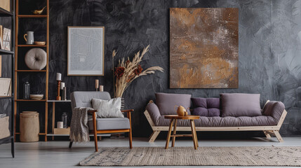 Elegant minimalist interiors in an artist's apartment. Luxury interior design composition.