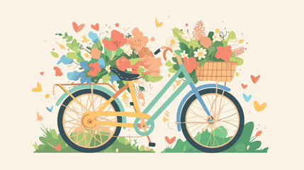 Hand drawn tandem city bicycle with basket of flowe