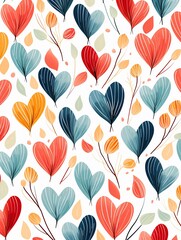 Scribble hearts, leafy strokes, nonstop pattern, flat color, white base ,  seamless pattern