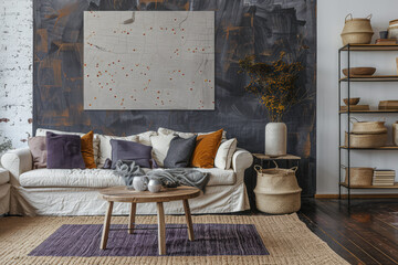 Elegant minimalist interiors in an artist's apartment. Luxury interior design composition.