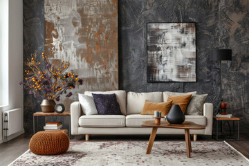 Elegant minimalist interiors in an artist's apartment. Luxury interior design composition.