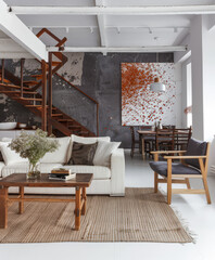 Elegant minimalist interiors in an artist's apartment. Luxury interior design composition.