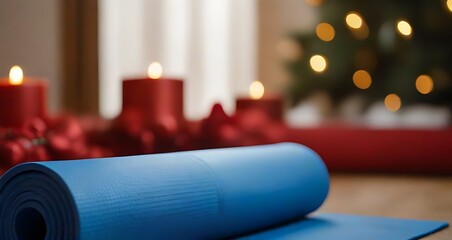 Close up of blue yoga mat at home decorated for Christmas, New Year. Healthy lifestyle, weight loss, New Year