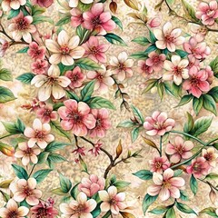 Seamless watercolor floral pattern - pink blush flowers elements, green leaves branches on dark black background; for wrappers, wallpapers, postcards, greeting cards, wedding invites, romantic events.