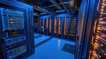 A spacious room packed with numerous servers, each humming with activity and processing data for a network