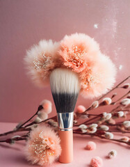 Elegant Makeup Brush with Blossoming Flowers on a Pink Background