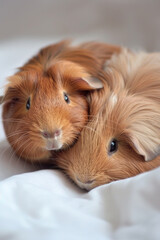 A couple of brown and white animals are seen laying on top of a bed, relaxing comfortably