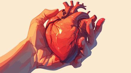 Hand holding realistic creepy heart real organ with - obrazy, fototapety, plakaty