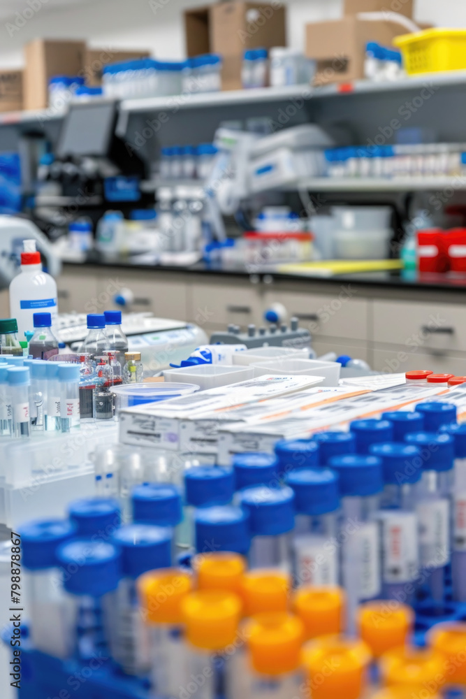 Poster lab setting with numerous bottles containing various liquids, neatly arranged on shelves