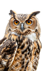 An owl is shown in close-up detail against a white background