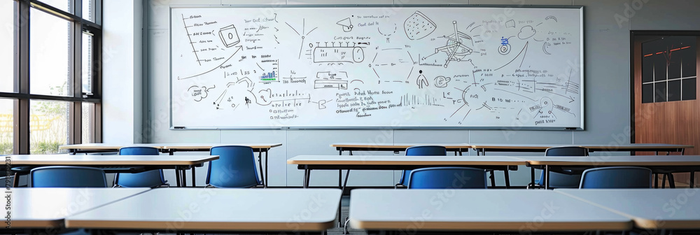 Poster a classroom setting with desks arranged neatly and a whiteboard filled with writing, possibly notes 