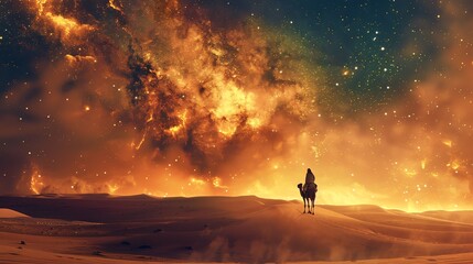 A lone traveler rides his camel through the desert