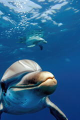 Two dolphins glide through the sunlit underwater, one in the foreground with a friendly gaze